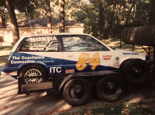 Fritz Wilke's ITC Civic on the trailer.  Fall 1994.  On the way to Putnam Park for the 1994 SCCA CEN DIV Regional Runoffs.